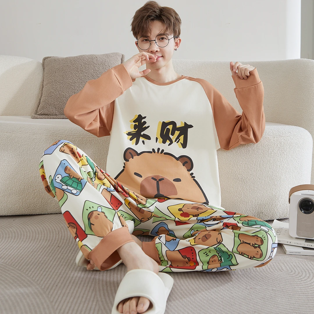YUZHAOLIN/俞兆林春秋季长袖纯棉卡通洋气男士套头款睡衣大码套装