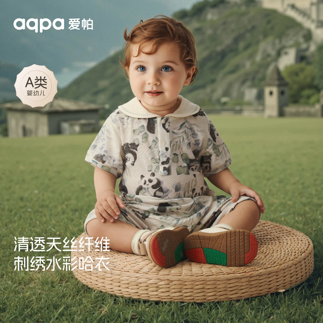 【熊猫秘境】aqpa爱帕宝宝儿童夏季短袖连体衣婴幼儿提花连体衣