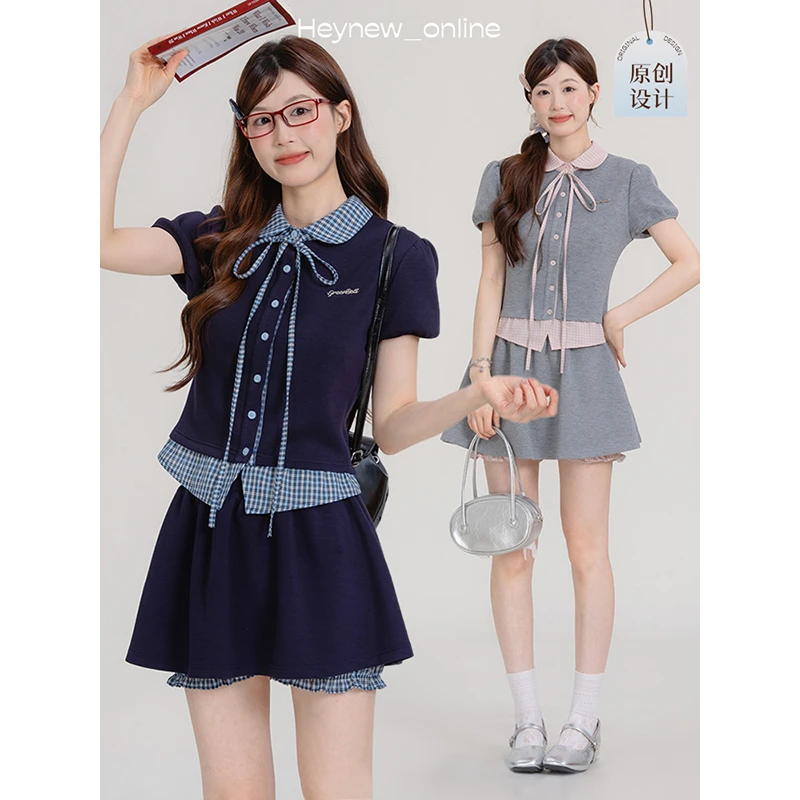 【角落情书】韩系学院风格子拼接假两件上衣短裙小个子两件套5X646