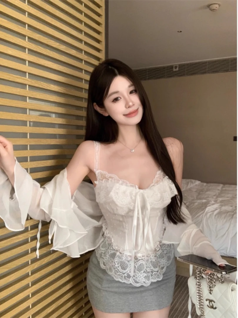 夏季独特别致性感甜辣纯欲波点拼接蕾丝边防晒吊带背心外穿女上衣