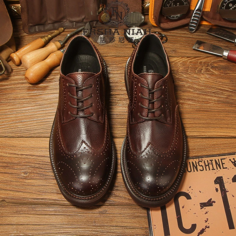 法莎尼亚秋季透气男士皮鞋男款爆款2025新款布洛克雕花休闲皮鞋男