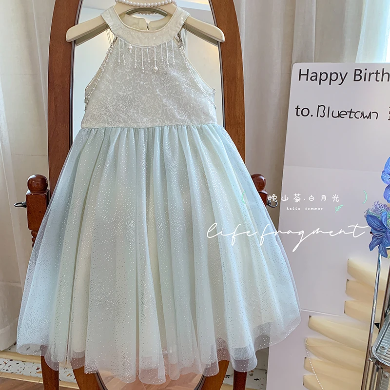 2025夏”白书绿雨”女童国风挂脖网纱气质连衣裙yf72