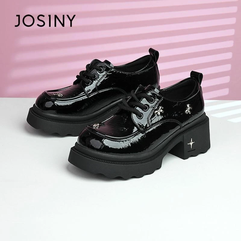 卓诗尼英伦风小皮鞋女款2025春季新款百搭厚底乐福鞋系带增高单鞋