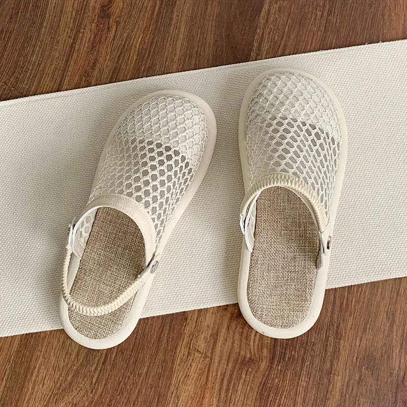 森系网鞋夏季透气亚麻凉鞋女一鞋两穿网面洞洞鞋一脚蹬包头半拖鞋
