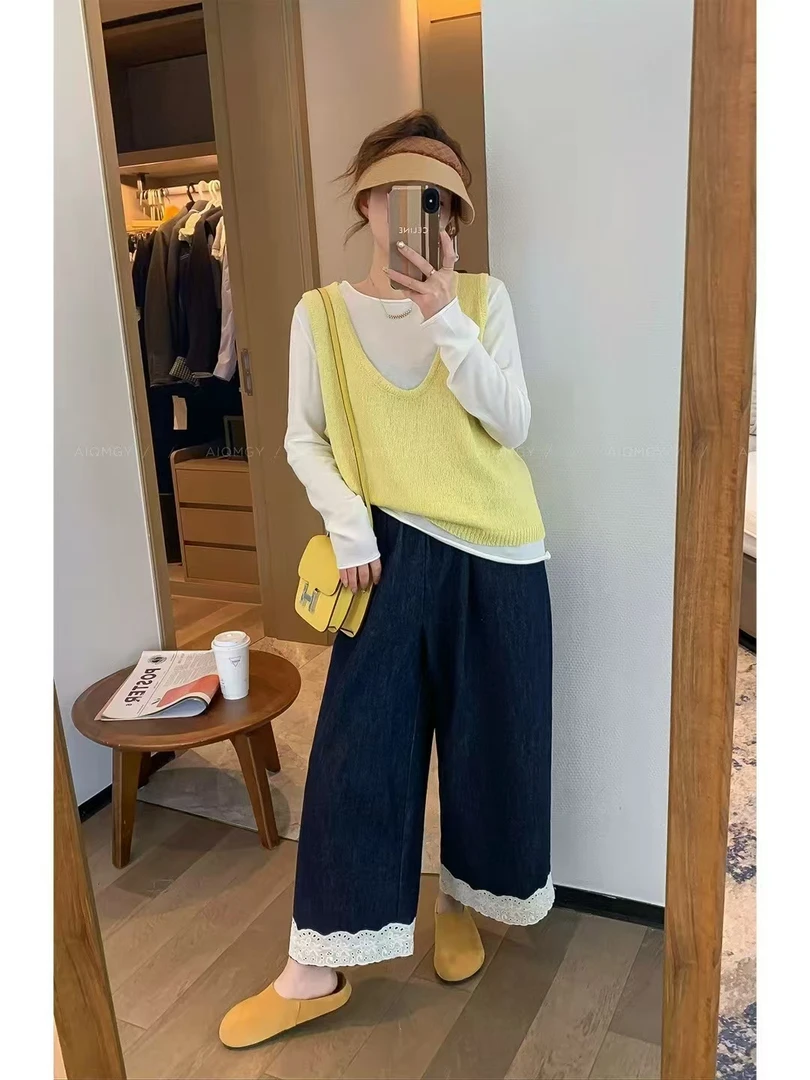 琳琳家阔腿蕾丝边牛仔裤