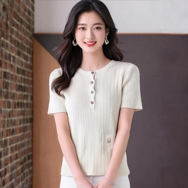 95新 Chanel/香奈儿 Chanel香奈儿白色针织短袖34码/dd540女装