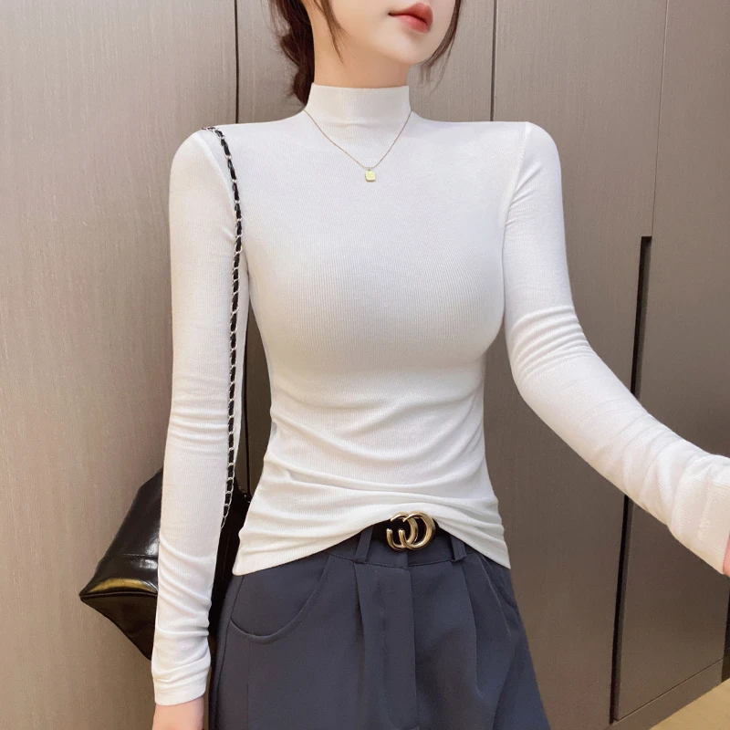 螺纹半高领长袖打底衫女洋气内搭秋冬2025新款高端爆款上衣小个子
