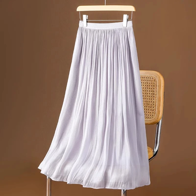 拉夏贝尔2025琉璃纱裙百搭绿色显瘦高腰中长女裙薄款轻职风半身裙