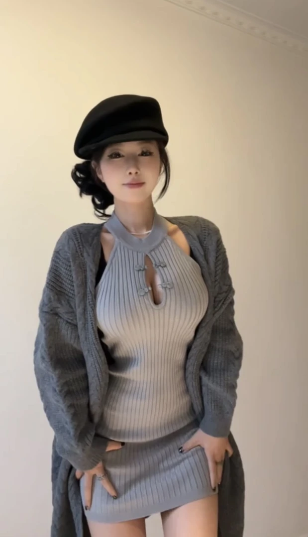 2025春秋气质性感灰色针织露肩开叉包臀连衣裙女针织开衫两件套装