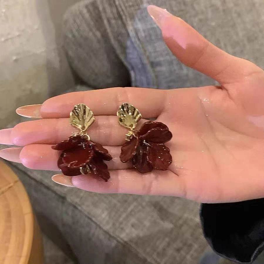 铜合金耳饰 仙女风气质法式红色金色日韩耳饰白色千金风N3511