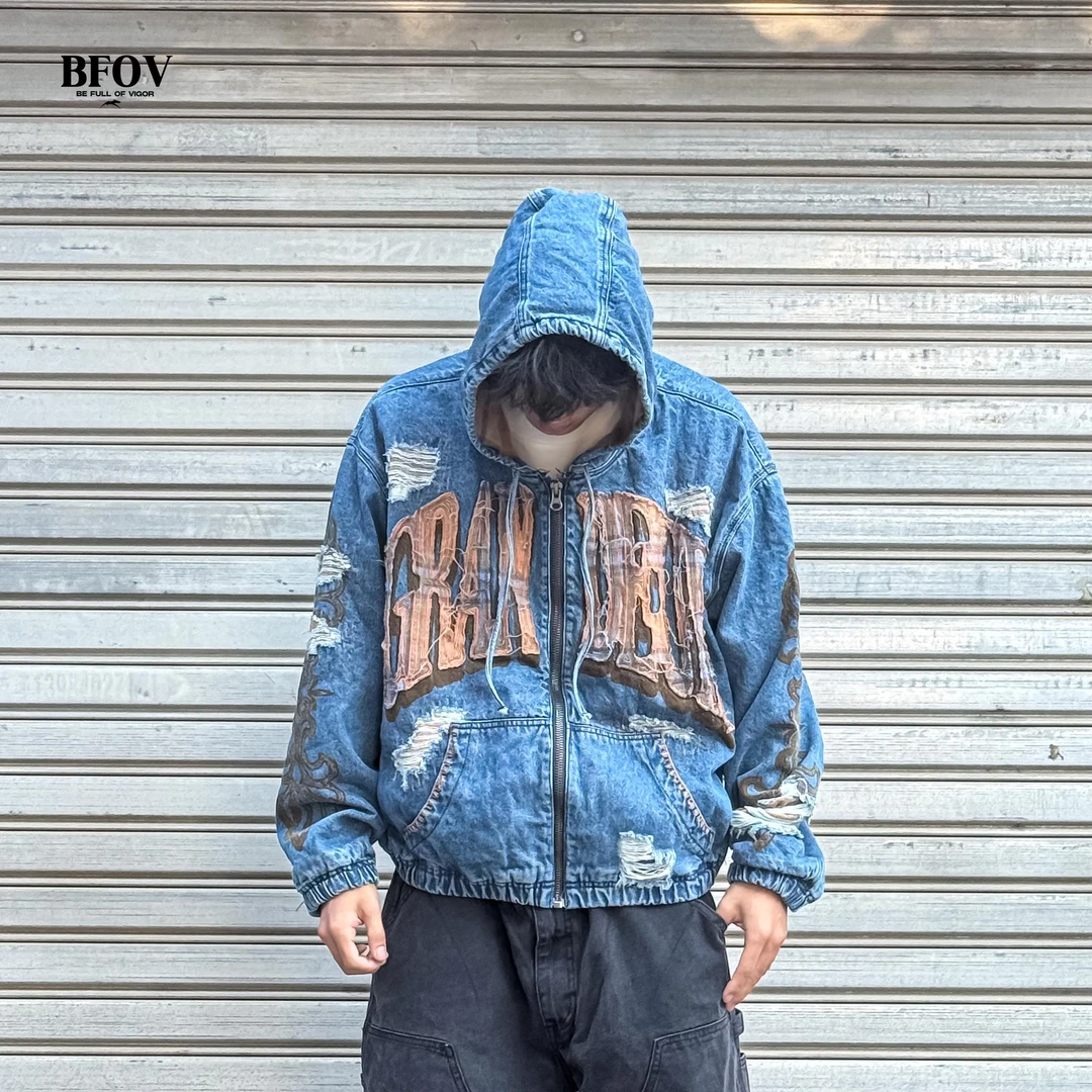 BFOV 浅秋设计做旧贴布刺绣破洞款开衫连帽夹克