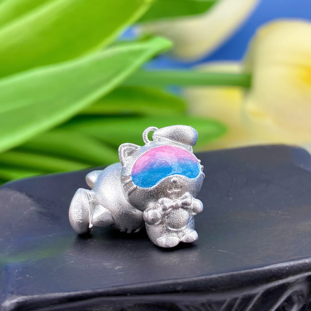 君派 吊坠足银 【招财猫】太空猫足银时尚星空彩色可爱吊坠时尚百搭