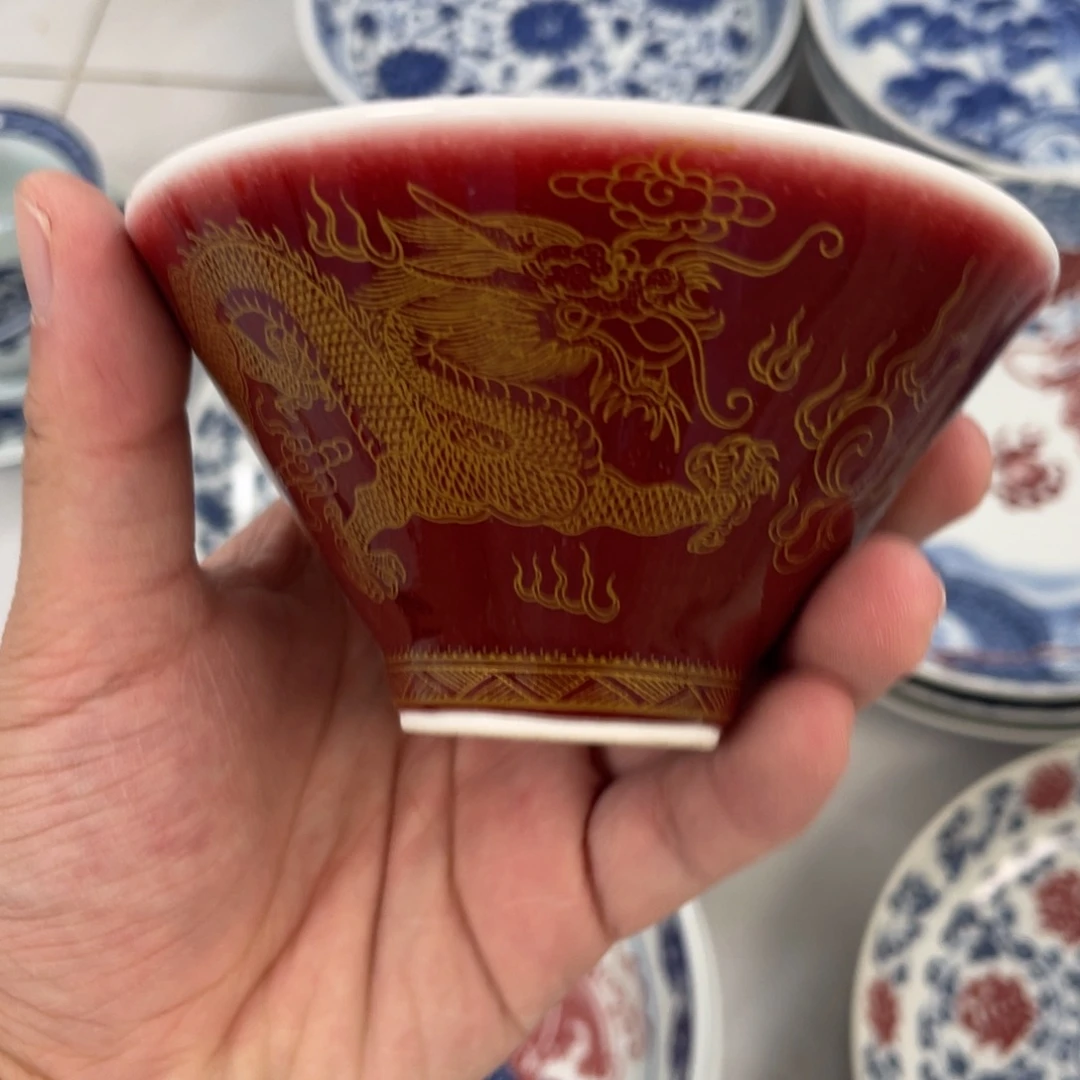 瓷片景德镇浪红斗笠杯