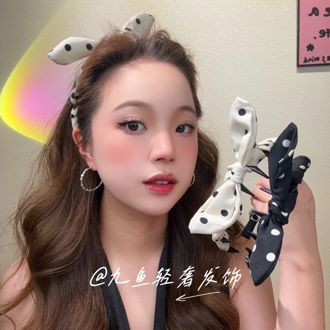 波点兔女郎！波点蝴蝶结超立体褶皱兔耳朵齿梳氛围感高颅顶发箍