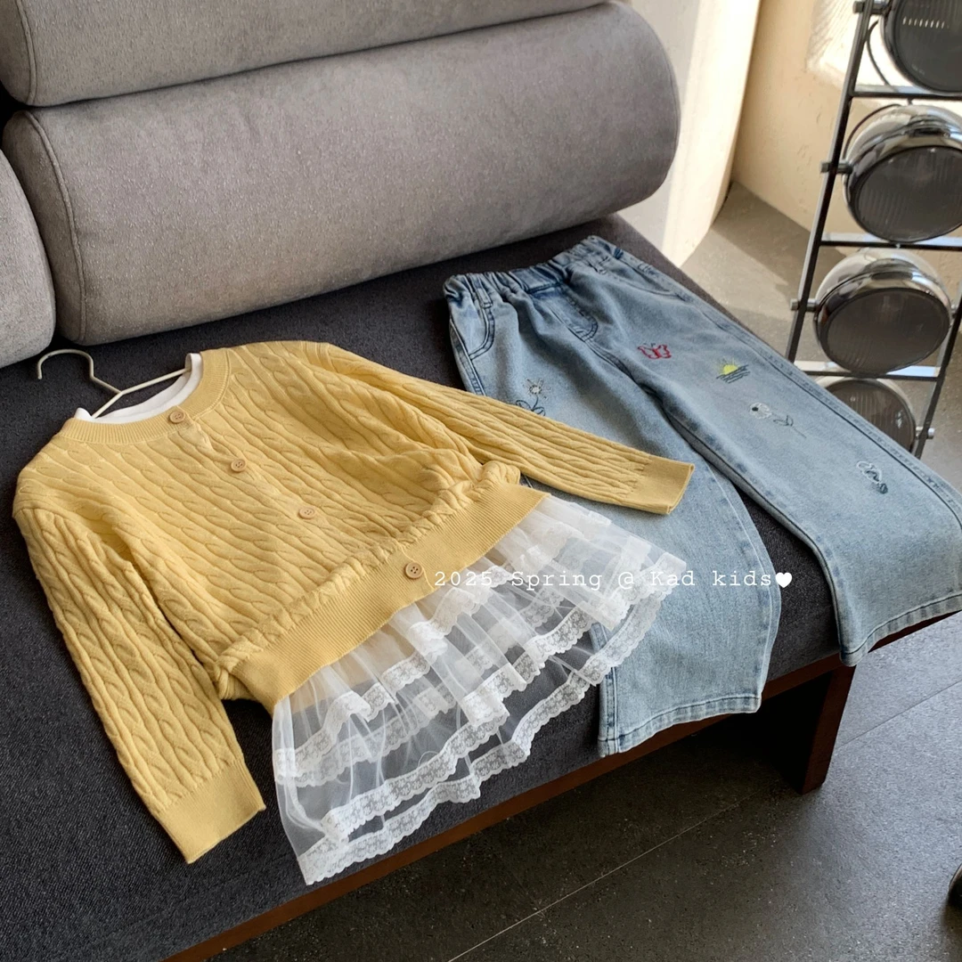 【断码清仓】KM005-黄色开衫+K5022-花边裙T+K5018-牛仔刺绣直筒裤