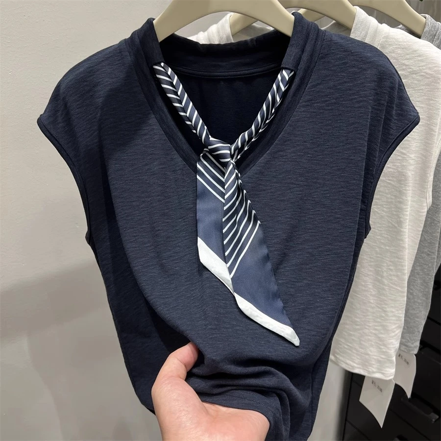 学院风系带领带短袖针织衫女宽松休闲外穿夏季假两件半袖小衫上衣