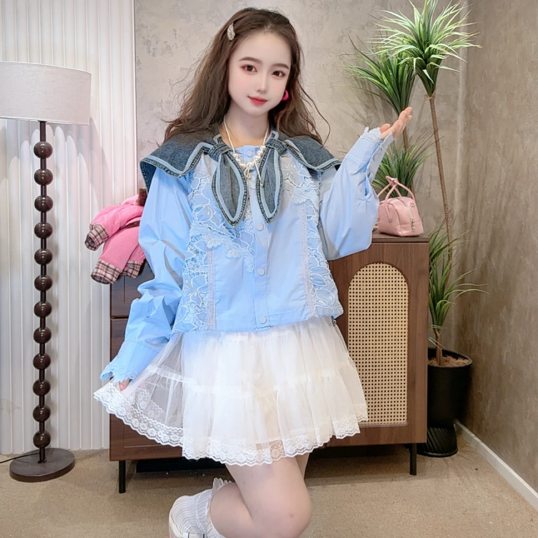 大观欧货冬季新款兔耳朵披肩领时尚拼接牛仔长袖衬衫百搭气质显瘦