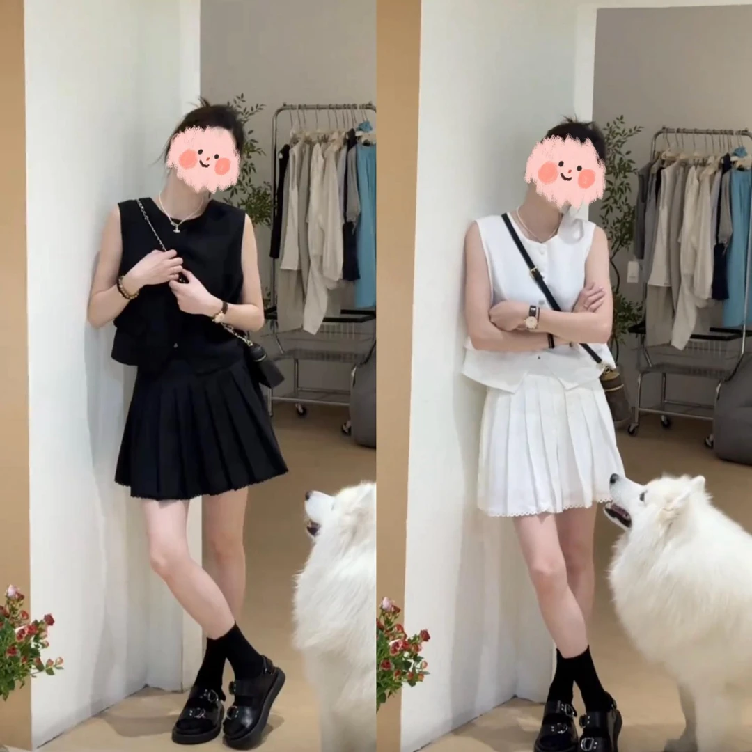 2025夏季穿搭一整套女韩系高级感显瘦无袖马甲花边百褶裙两件套装