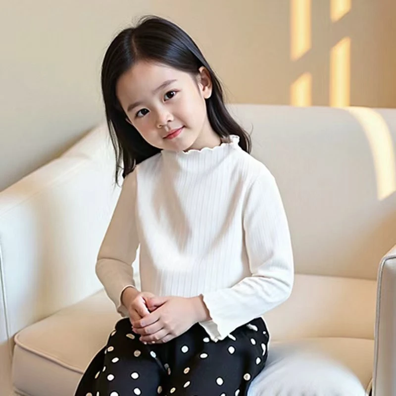 女童打底衫春秋冬季木耳边条纹加绒中小童百搭上衣女宝宝2025新款