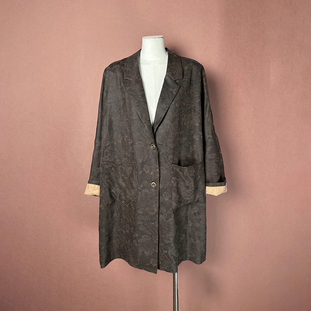 莨悦（100%桑蚕丝）香云纱春秋绢纺提花中长款大衣长袖风衣女外套