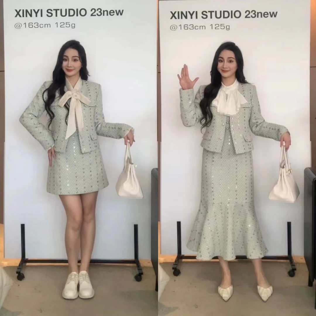 XINYI【宝月琉璃】秋冬小香编织女外套+半裙显瘦X623A06934