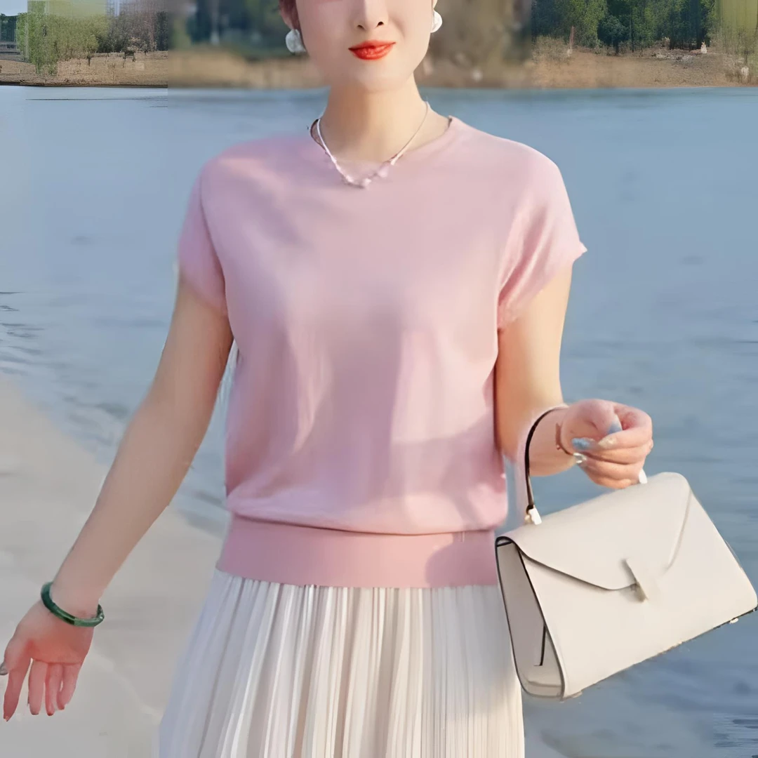 2025夏季新款凉感冰丝圆领针织衫女短袖T恤宽松显瘦短款上衣气质