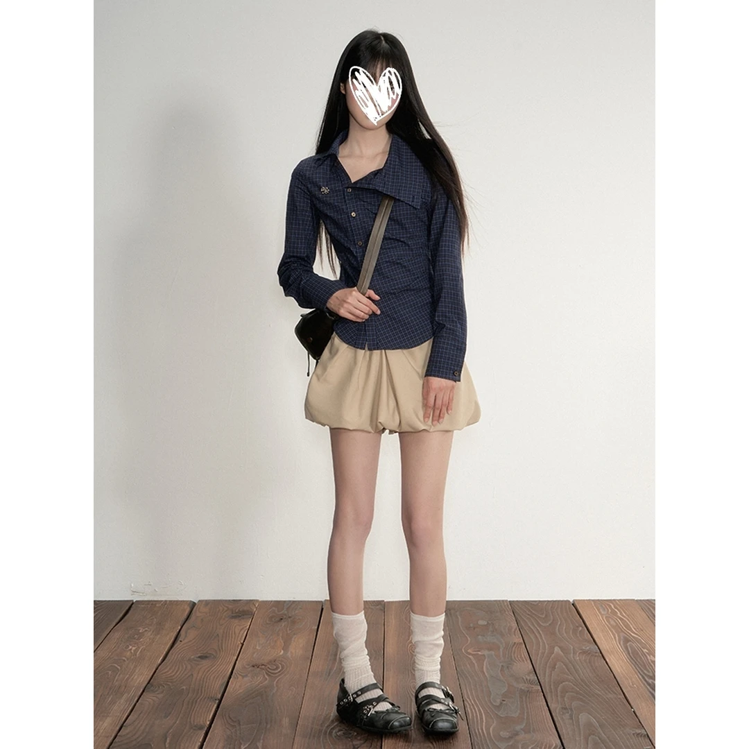 深藏青斜翻领复古格纹掐腰显瘦长袖衬衫上衣女春秋2025新款衬衫