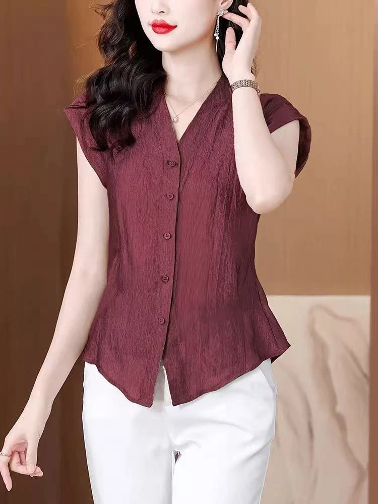 2025纯色无袖复古不褪色短款薄款衬衫上衣文艺百搭休闲小衫