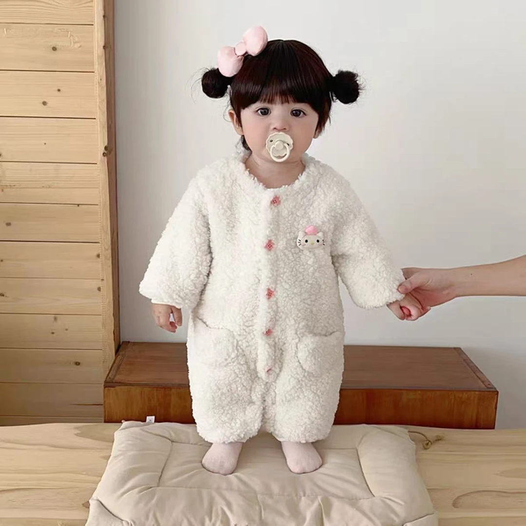 婴幼儿冬季可爱无领猫咪云朵绒冬季连体衣加绒加厚婴儿宝宝新生儿