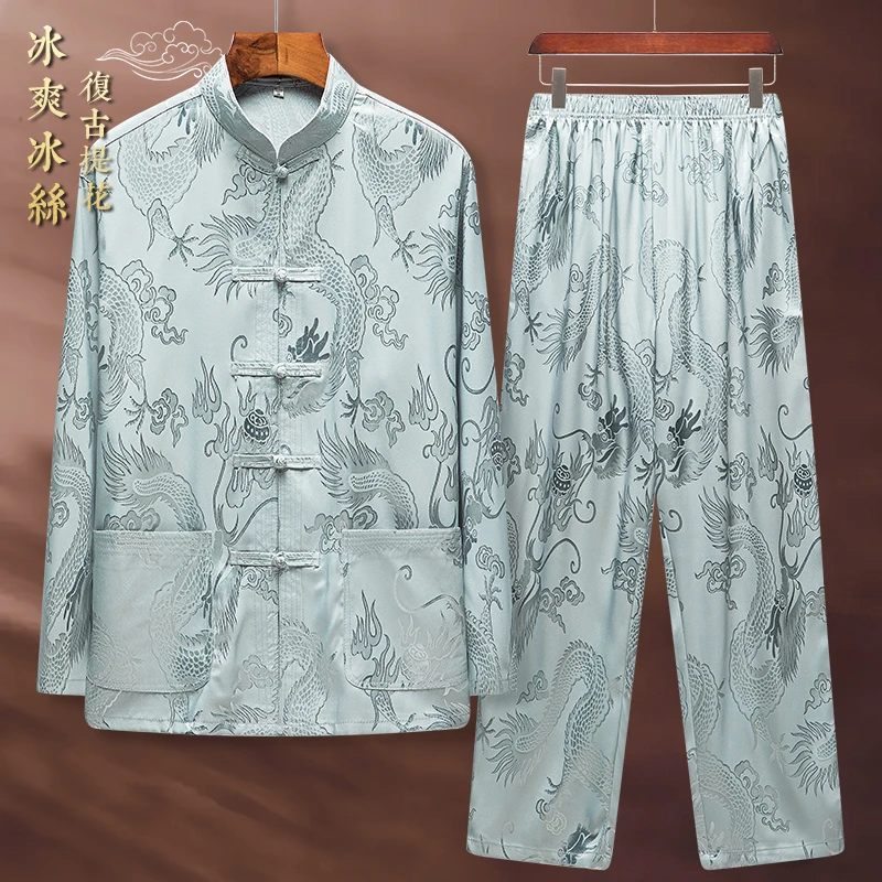 中国风冰丝唐装男士中老年夏季薄款爸爸夏装套装绸缎短袖衬衫上衣