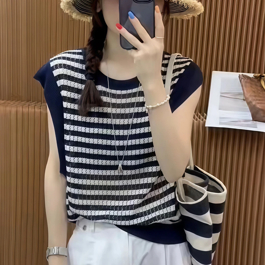 2025夏季新款韩版时尚撞色圆领无袖针织衫背心女减龄洋气百搭上衣