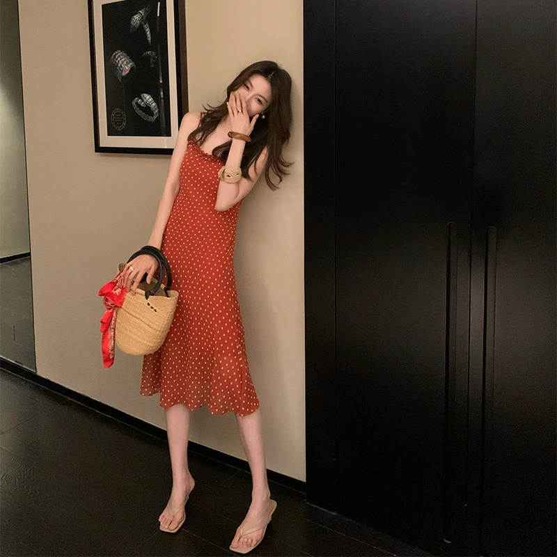 龍喜儿 法式性感波点吊带裙红色荷叶边中长款连衣裙Z048