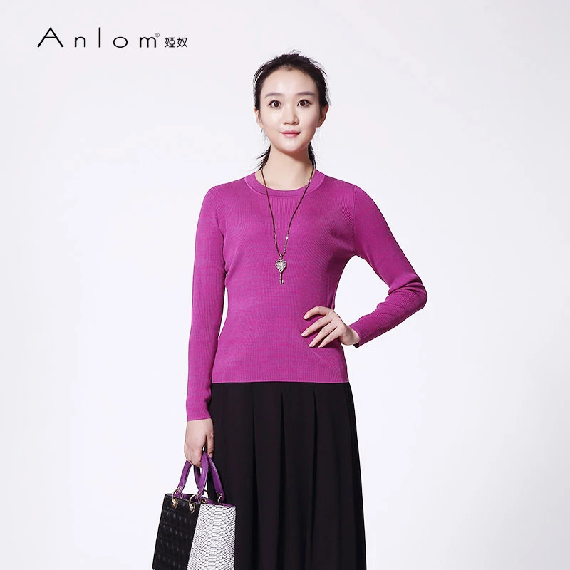 Anlom/娅奴早秋新款时尚修身桑蚕丝休闲针织衫套头打底长袖套衫