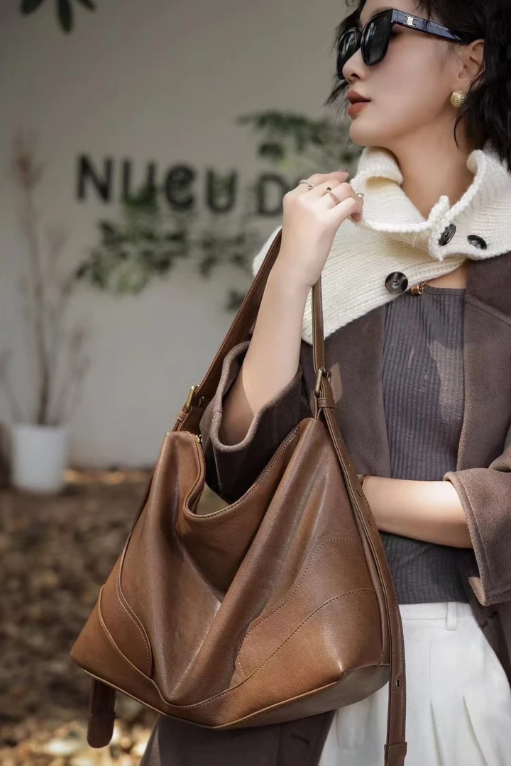 复古手抓纹真皮托特包小众设计做旧通勤百搭大容量