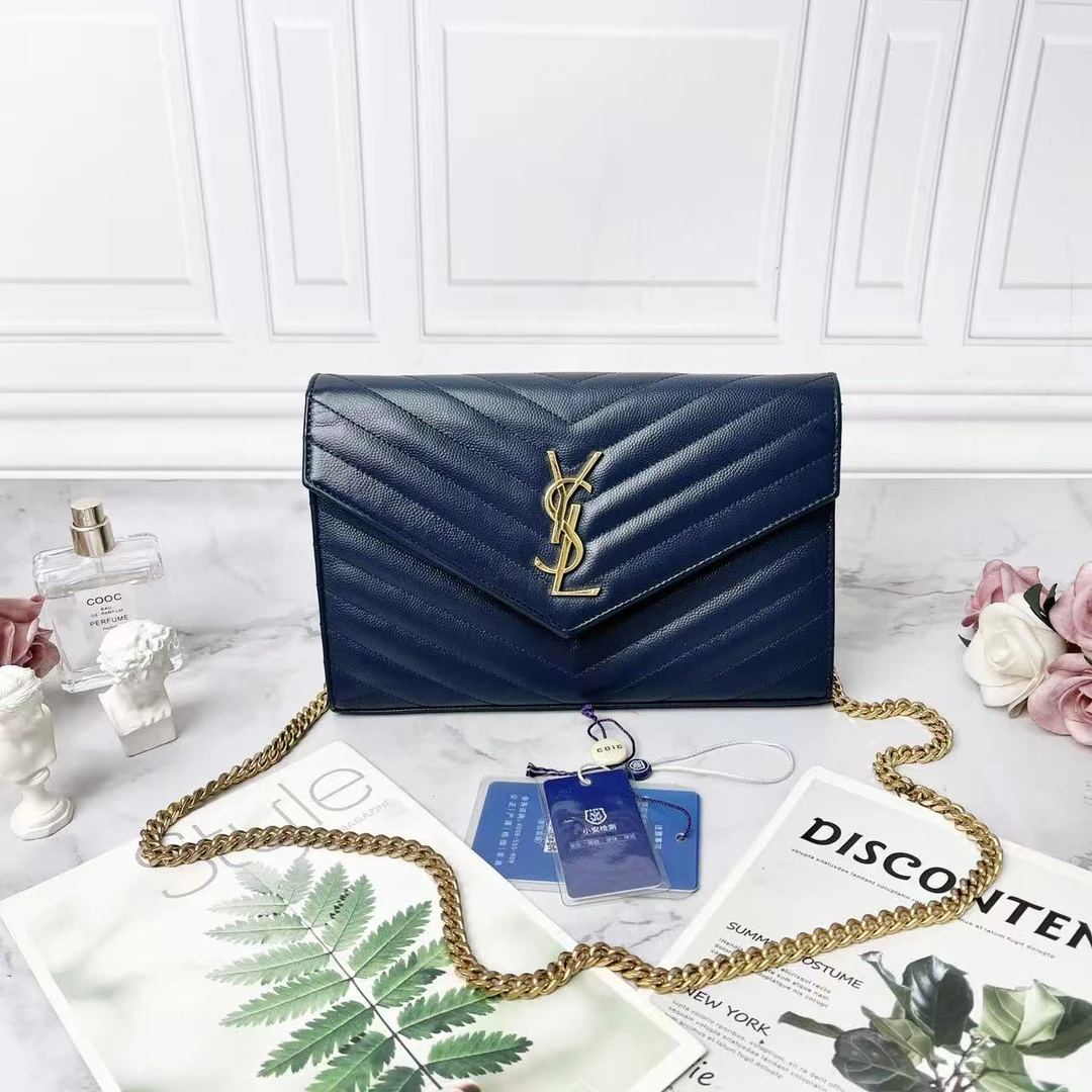 95新 YSL/圣罗兰 YSL/圣罗兰蓝荔枝皮信封包链条woc