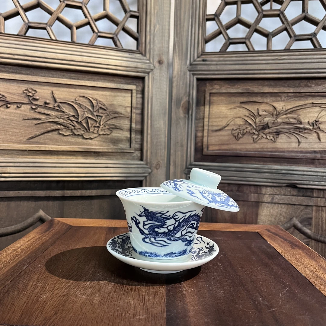 G-0004 腾龙纹三才盖碗-白瓷