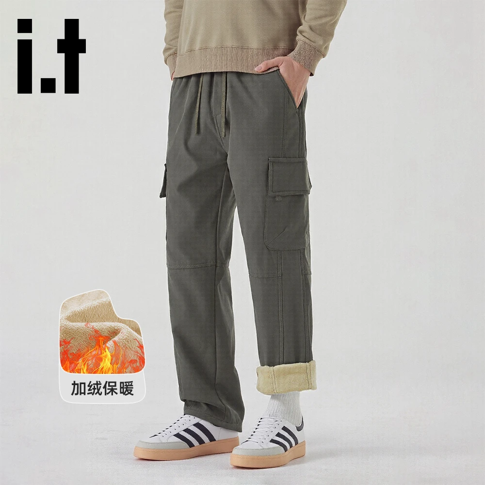 it:CHOCOOLATE简约工装风直筒休闲裤男士2025冬季加绒口袋款裤子