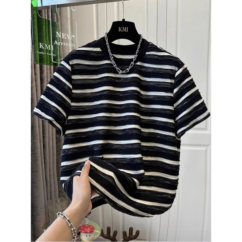 胖妹妹240斤大码独特超好看撞色条纹短袖T恤2025夏新款宽松上衣女