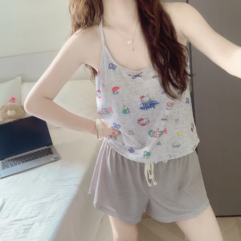 【带胸垫一体】KT猫吊带短裤睡衣女夏季2025新款冰丝螺纹家居服套装