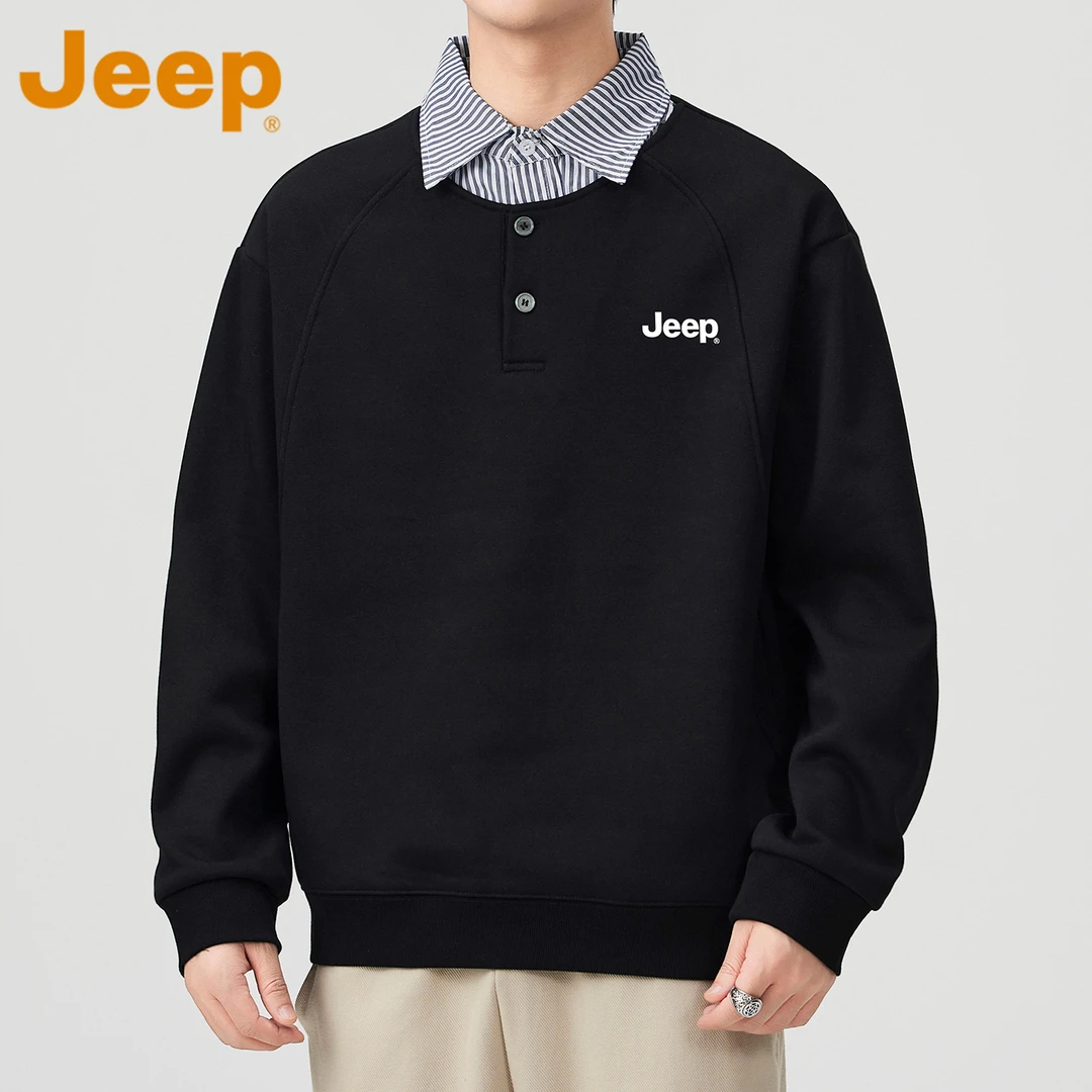 JEEP吉普美式假两件卫衣男款春秋季潮牌宽松撞色条纹翻领休闲上衣