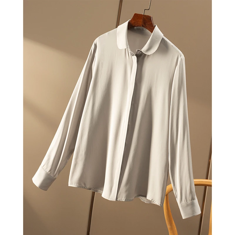 春天家 笈简轻奢 法G篙阶光泽感真丝双乔元宝领长袖衬衫女3W30