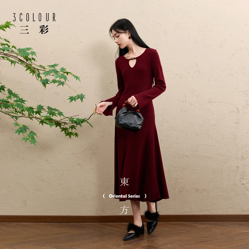 【绵羊毛】三彩2025秋冬季新款针织裙新中式镂空连衣裙长裙女C