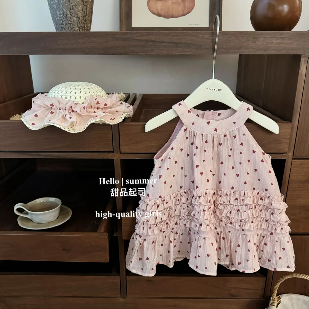 【甜品起司】小心动！女宝宝粉色度假风A字版木耳边挂脖背心公主裙