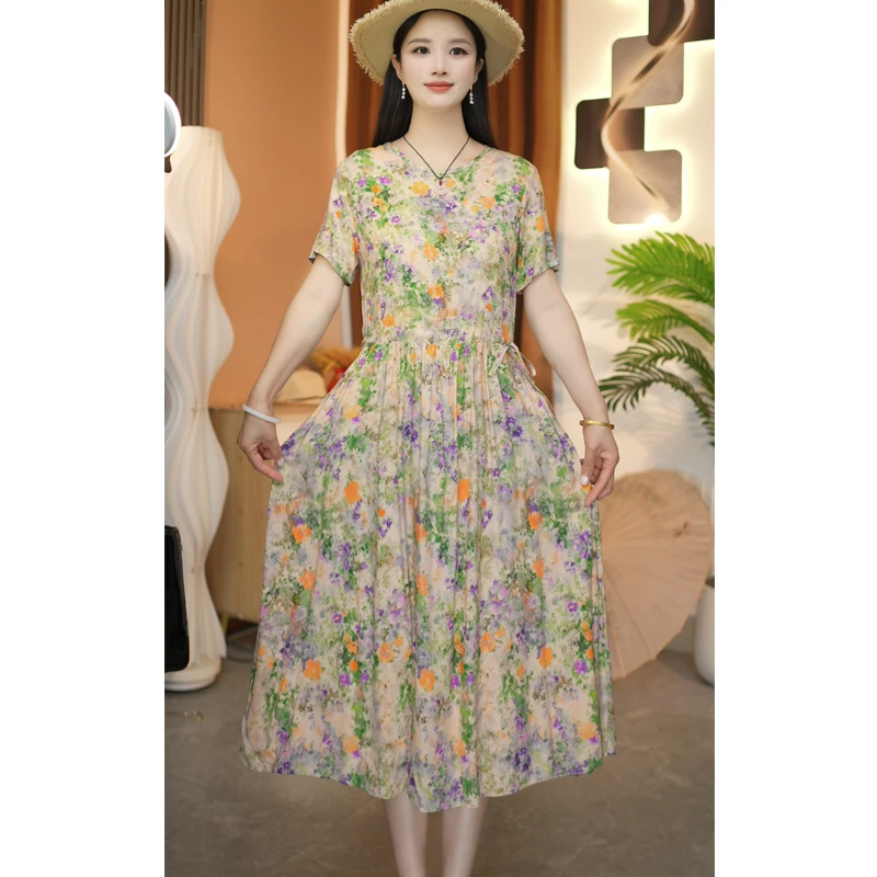 【多色花系】夏季妈妈装中长款棉绸裙子夏季新款时尚短袖大码连衣裙