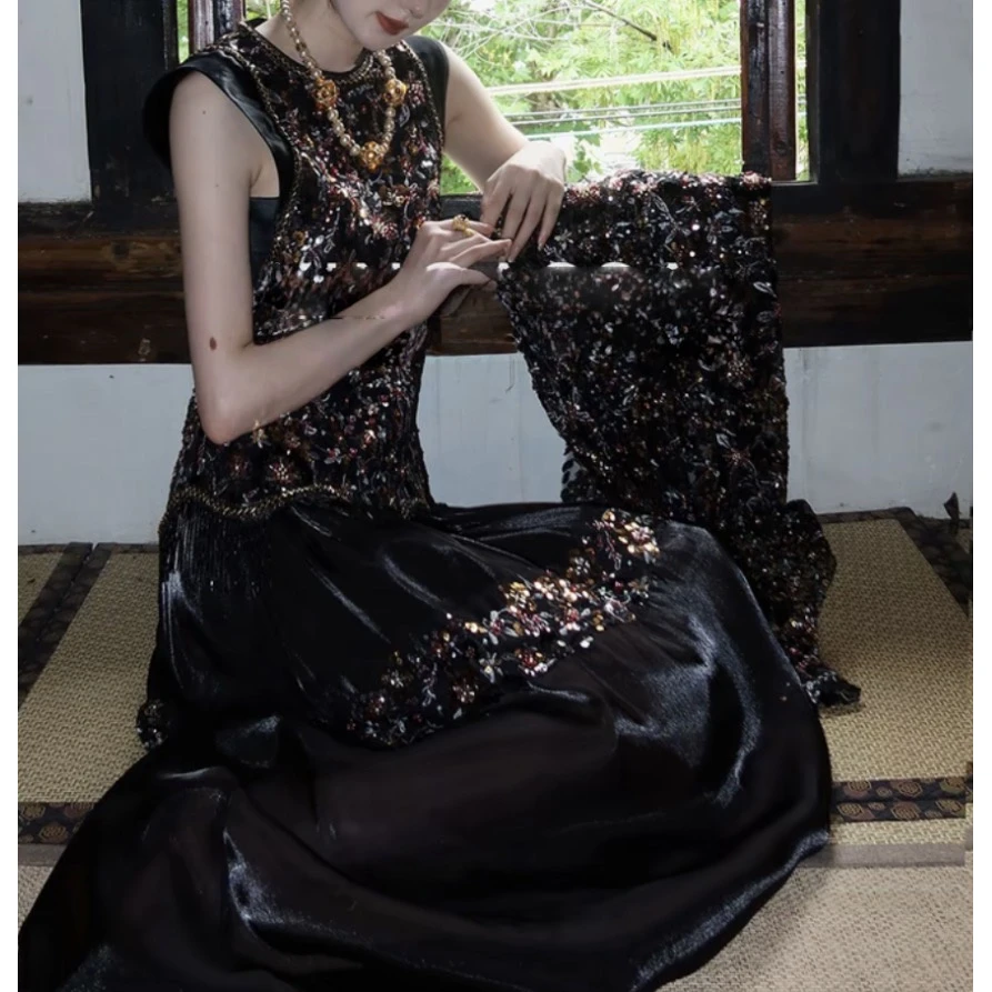 【夜之花】原创夏款重工天花板立体黑色珠片绣花国风连衣裙