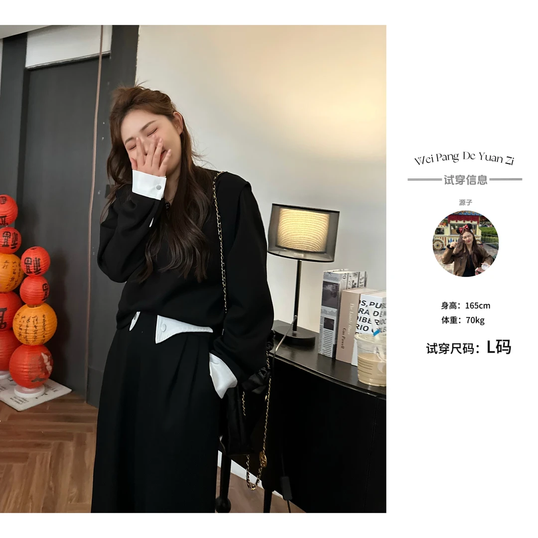 【街头漫步】微胖女装春秋胖mm显瘦假两件卫衣两件套女款YZ30002