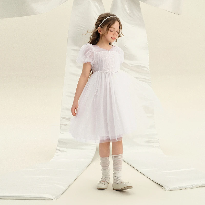 笛莎女童夏季连衣裙2025中童甜美泡泡袖亮片网纱礼服裙-91252D806