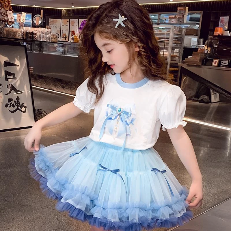 巴拉开门女童短袖恤夏装2025新款泡泡袖儿童衣服女孩甜美上衣印花