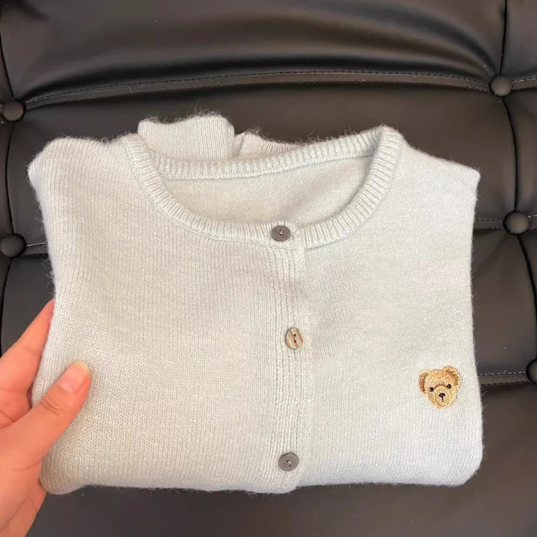 春秋圆领蓝色开衫女士休闲百搭长袖外套韩版洋气衫毛衣上衣女