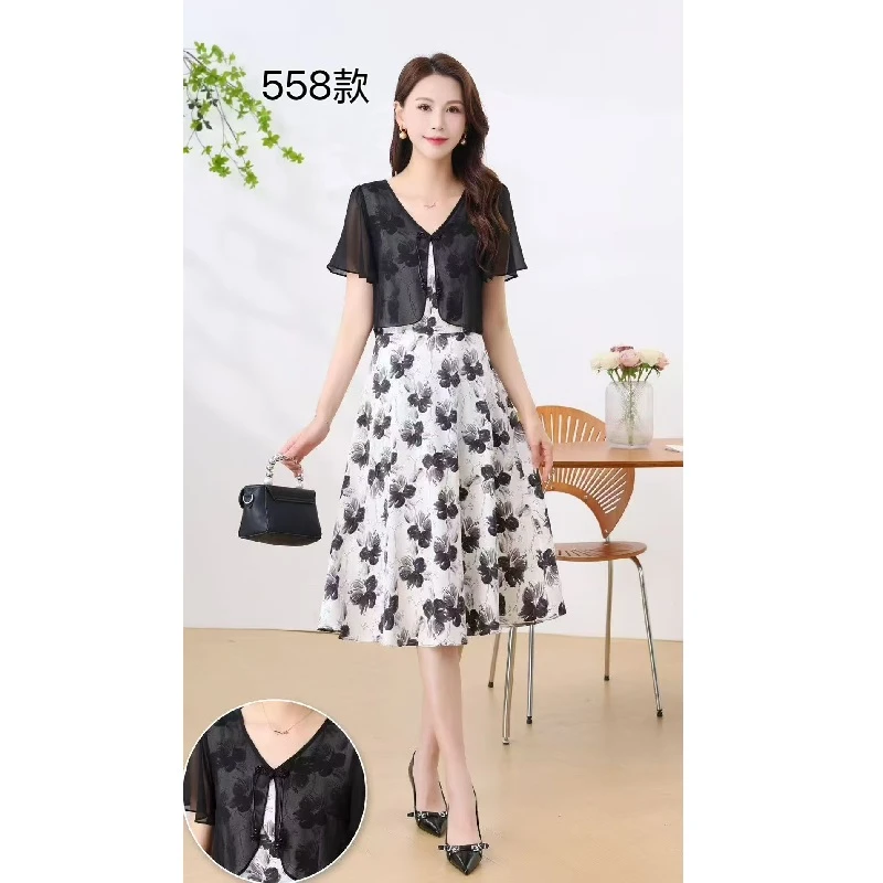 558C时尚气质常规款V领女装新中式纽扣植物花卉假两件连衣裙